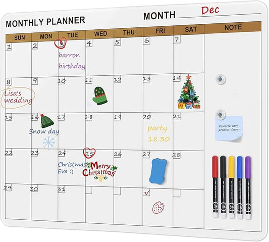 SELEAD Magnetic Glass Whiteboard Monthly Planner - 32”x24” Large Wall Calendar Dry Erase White Board, TODO Memo Bulletin Board for Home School Office - White&Gold