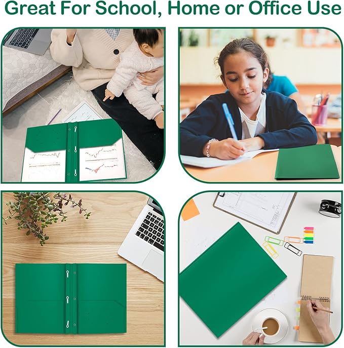Heavy Duty Plastic Folder, 60 Pack, Pocket Folder with brads, Letter Size Poly File, Plastic Folders with 3 Prongs Fasteners - Green