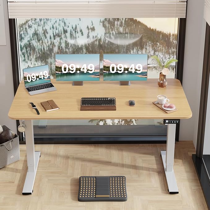 Furmax Electric Height Adjustable Standing Desk Large 55 x 24 Inches Sit Stand up Desk Home Office Computer Desk Memory Preset with T-Shaped Metal Bracket, Light Wood