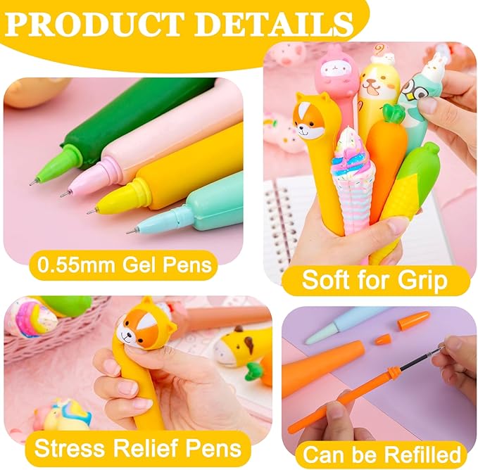 Easter Baskets Kawaii Squishy Pen 4 Pcs Cute & Fun Pens for Stationary & Cool Pens for Teenage Gifts for Tweens Back to School Supplies