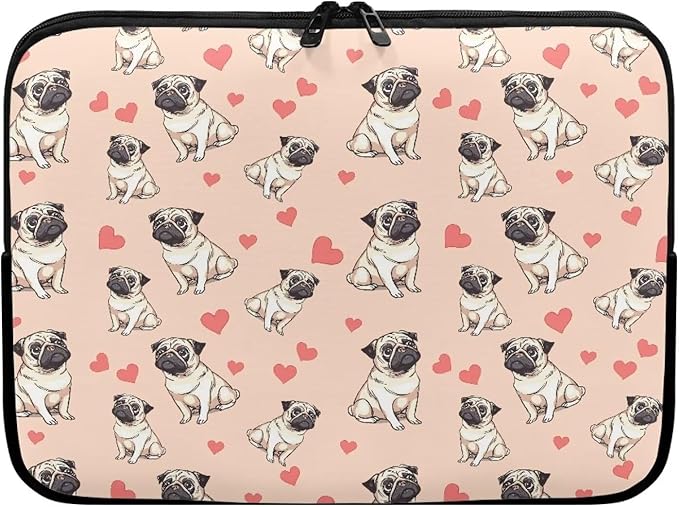 Pug Dog Printed Computer Bags for Laptops for Women, Heart Pattern Computer Carrying Cover Laptop Briefcase, 12 Inch Water Resistant Laptop Case Portable Computer Case Bag