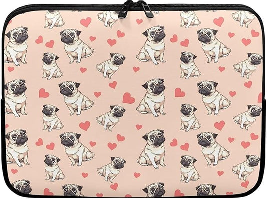 Pug Dog Printed Computer Bags for Laptops for Women, Heart Pattern Computer Carrying Cover Laptop Briefcase, 12 Inch Water Resistant Laptop Case Portable Computer Case Bag
