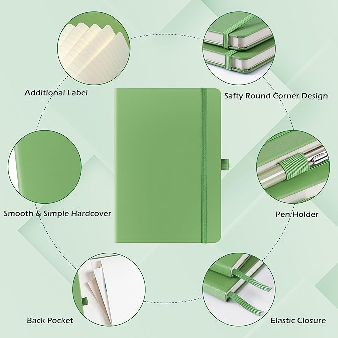 Ruled Notebook/Journal - Classic Lined Journal/Notebook, 5.3'' x 8.26'', Hardcover with Thick Paper, Banded + Pen Holder +Inner Pocket - Olive Green