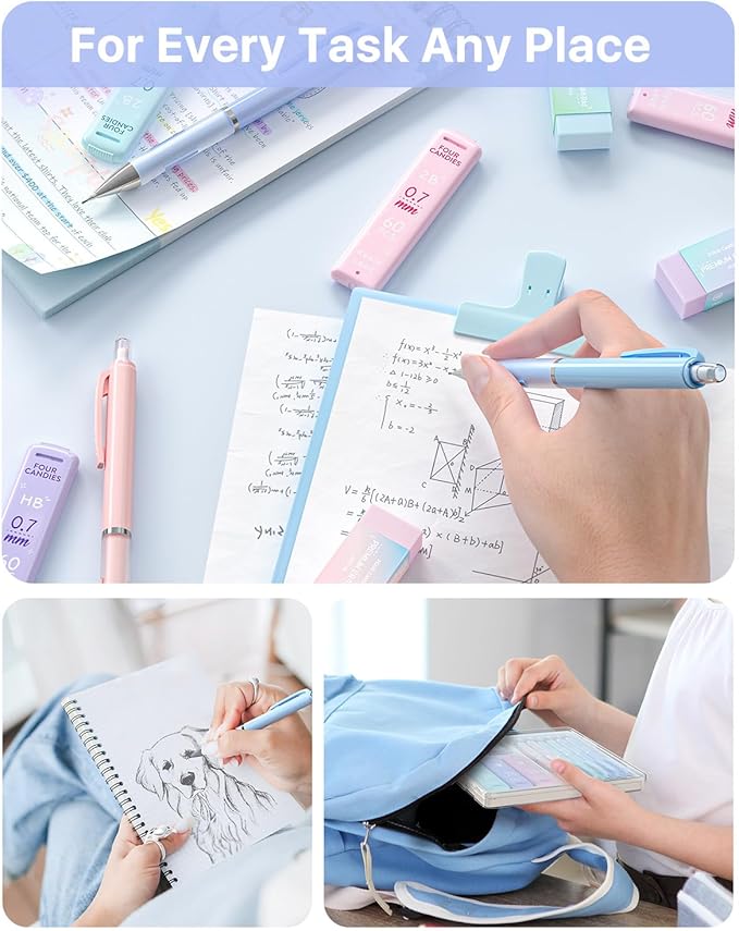 Four Candies 0.7mm Mechanical Pencil Set - 6PCS Cute Pencils with 360PCS HB & 2B Lead Refills, 3PCS Pastel Erasers and 9PCS Eraser Refills, Aesthetic School Supplies for Student Writing Drawing
