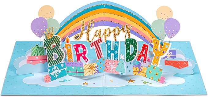 Paper Love 3D Pop Up Birthday Card, Happy Birthday Rainbow, For Adults or Kids - 5" x 7" Cover - Includes Envelope and Note Tag