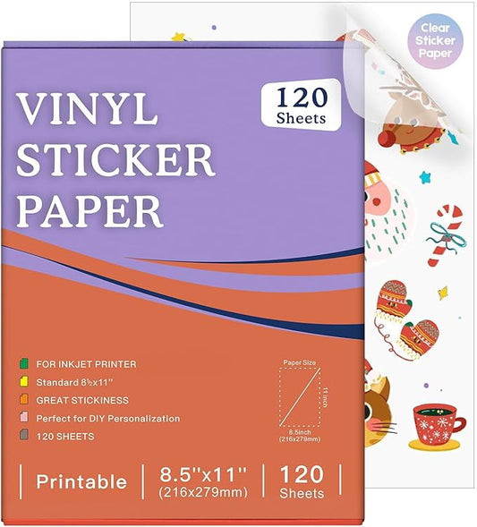 120 Sheets Printable Clear Sticker Paper for Inkjet Printer, Premium Vinyl Transparent Sticker Paper Waterproof, Dries Quickly, Vivid Colors, Tear Resistant, 8.5x11" Labels Great for Cutting Machines