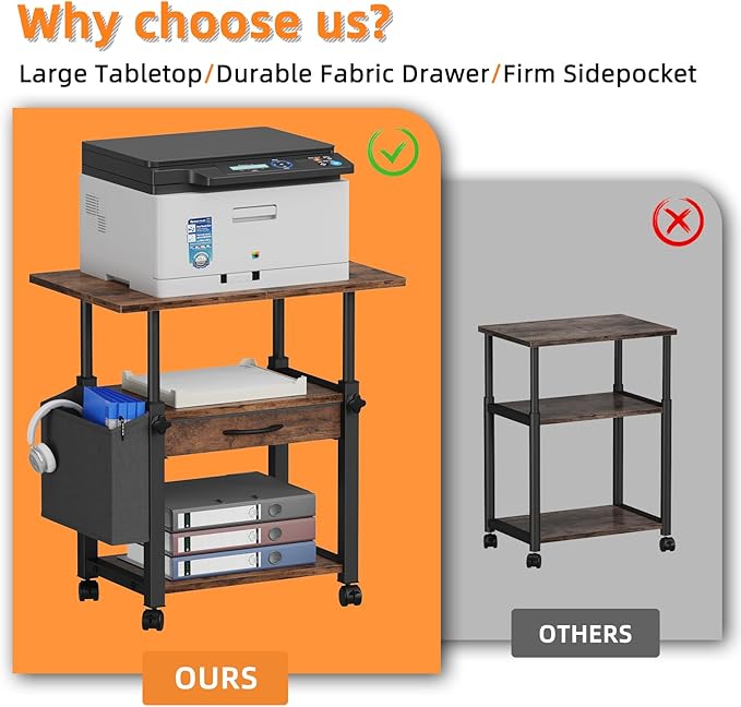 22"x15" Large Printer Stand with Storage Drawer and Side Bag, 3-Tier Height Adjustbale Printer Table for Home Office,Printer Cart fit Heat Press/Laser printer/3D Printer(Rustic Brown)