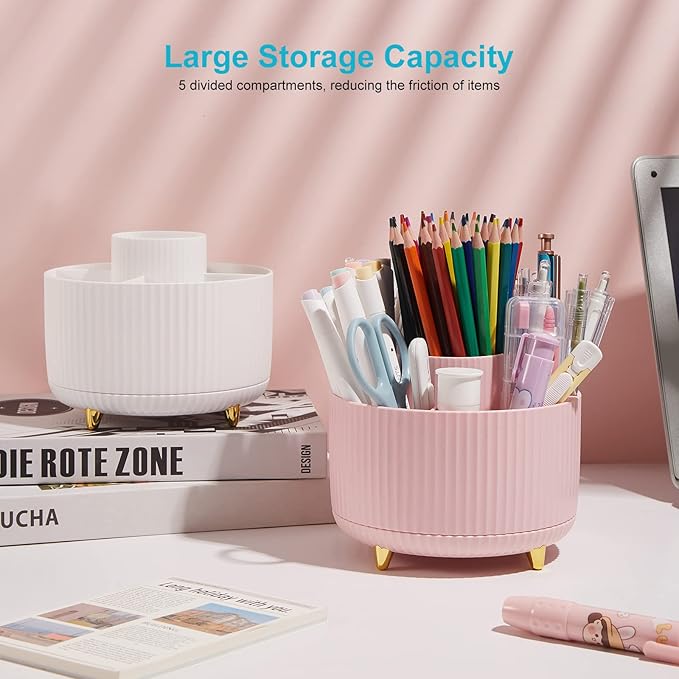 360 Degree Rotating Desk Pen Pencil Holder, 5 Slots Pencil Organizer Desk Organizers and Accessories, Cute Pen Holder for Desk, Pen Organizer Storage for Office School Home Pink
