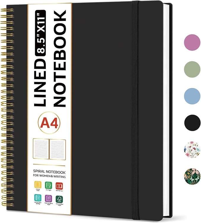 Taja Spiral Lined Notebook, 8.5"x11" Notebooks for Work, Large A4 Journal for Women & Men, College Ruled Journaling Notebook for Writing, Plastic Cover Spiral Journal, Black