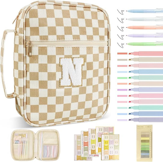 Personalized Initial Bible Cover Case for Women Girls Kid - Large Corduroy Bible Case with Handle, Stylish Chenille Letter Bag Study Supplies, Perfect Christmas Gifts for Christians Women (Khaki-N)