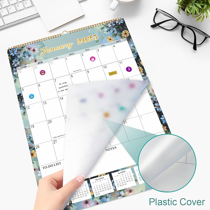 Gannyfer 2025 Wall Calendar, Large Wall Calendar 22"x17", 18 Monthly Hanging Calendar January 2025-June 2026, Yearly Planner Calendars with Plastic Cover, Thick Paper for Home School, or Office, Christmas Gifts for Women-Floral (6 Funny Stickers)