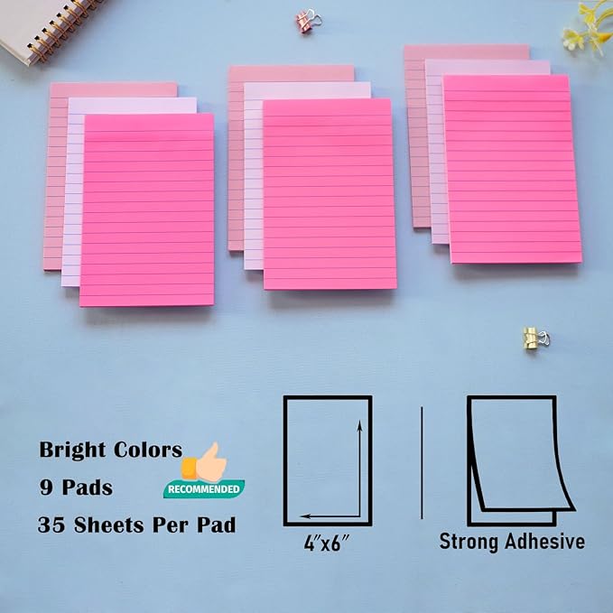 9 Pack Lined Sticky Notes 4X6 in Post Sticky Notes with Lines, Large Ruled Post Sticky Colorful Super Sticking Power Memo Pads Strong Adhesive, Sticky Notes 4x6 (Pink Themed)
