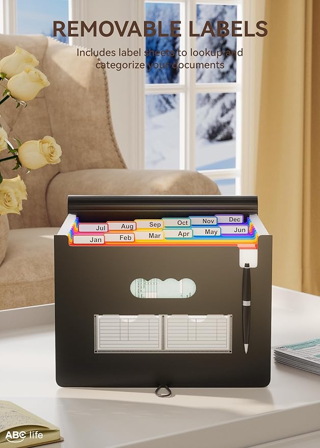 ABC life 12 Pockets Accordion File Organizer, Expanding File Folders, Portable Monthly Bill Receipt Organizer With Colorful A-Z Tabs, Desktop Folders Letter A4 Paper Document Storage for Home Office