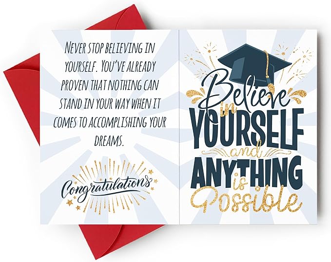 Graduation Card with Envelope - Thankful & Motivation Gold Glitter Card - Folded 5"x7" Single Card For Grad, High School, College, Nursing, Middle school, Kindergarten Gift Card