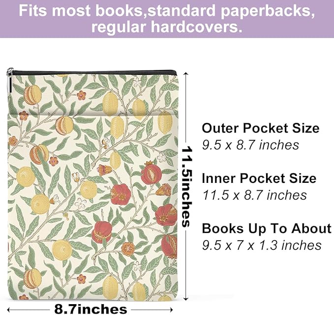Retro Floral Fruit Book Sleeve Book Cover Classic Flower Book Protector with Zipper Christmas Birthday Book Club Gifts Book Accessories for Women Mom Reader Librarian Girls Bookish Book Lovers Gifts
