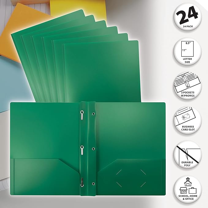 Better Office Products Green Plastic 2 Pocket Folders with Prongs, Heavyweight, Letter Size Poly Folders, 24 Pack, with 3 Metal Prongs Fastener Clips, Green