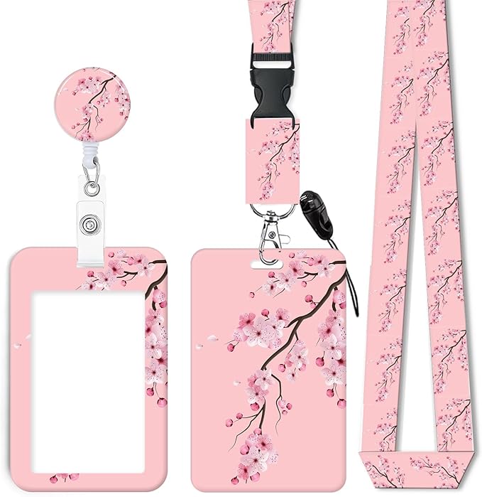 ID Badge Holder with Retractable Lanyard and Keychain, Badge Reel with Rotate Carabiner Clip,Pink Blooming Flower Card Name Tag Lanyard ID Protector Bage Clips for Student, Women, Office