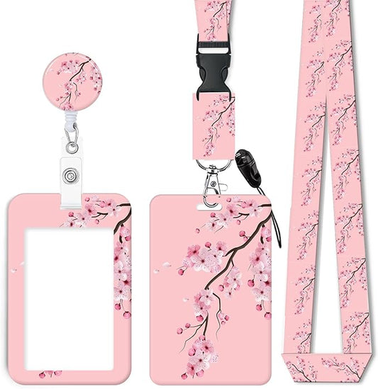 ID Badge Holder with Retractable Lanyard and Keychain, Badge Reel with Rotate Carabiner Clip,Pink Blooming Flower Card Name Tag Lanyard ID Protector Bage Clips for Student, Women, Office