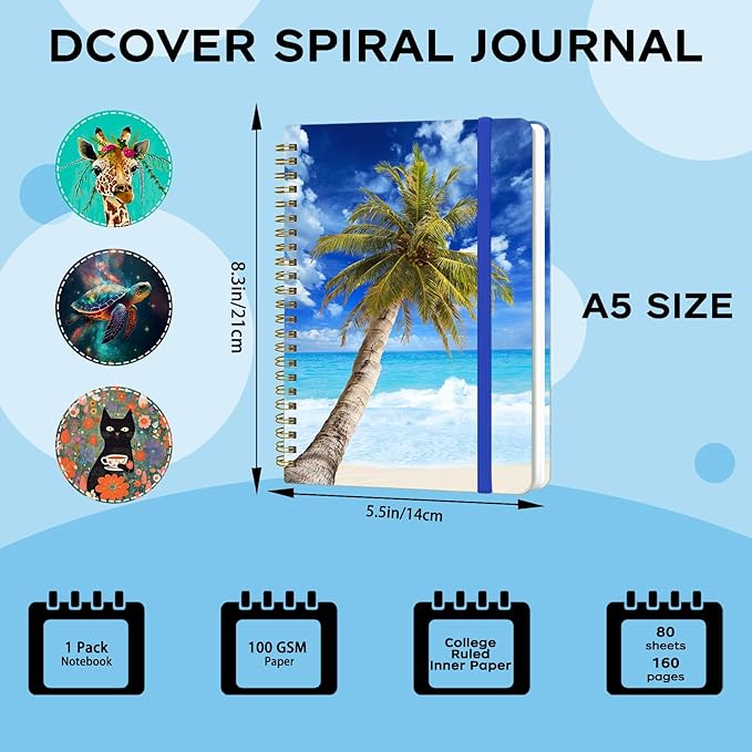 Spiral Notebook - A5 Spiral Notebooks, 8.3'' × 5.8'', 160 Pages, Aesthetic Journaling Notebooks for Women, College Lined Notebook with Elastic Closure, Back Pocket, for School Office, Tree