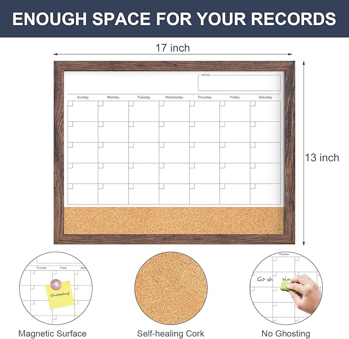 Dry Erase Calendar Cork Board Combo, 17"x13" Calendar Whiteboard for Wall, Magnetic White Board Monthly Calendar with Wood Framed, Dry Erase Board for Home Office Kitchen Planner Memo