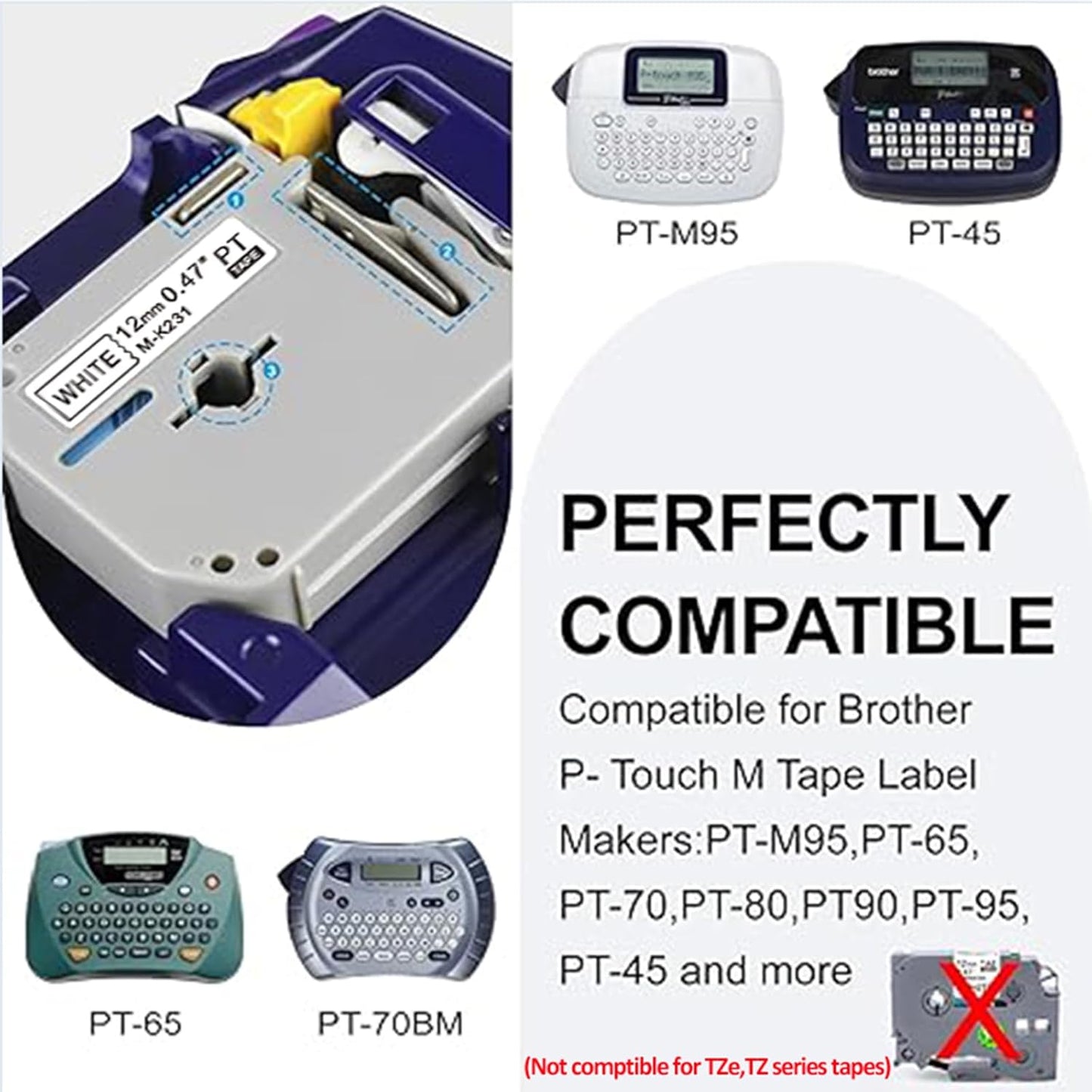 8 Pack M-K231 M Tape 12mm Compatible with M-K231s Brother Label Tape Black on White 0.47 Inch Tape for P Touch PT-M95 PT95 PT65 PT-65 PT70 PT85 PT90 Label Maker Tape Refill