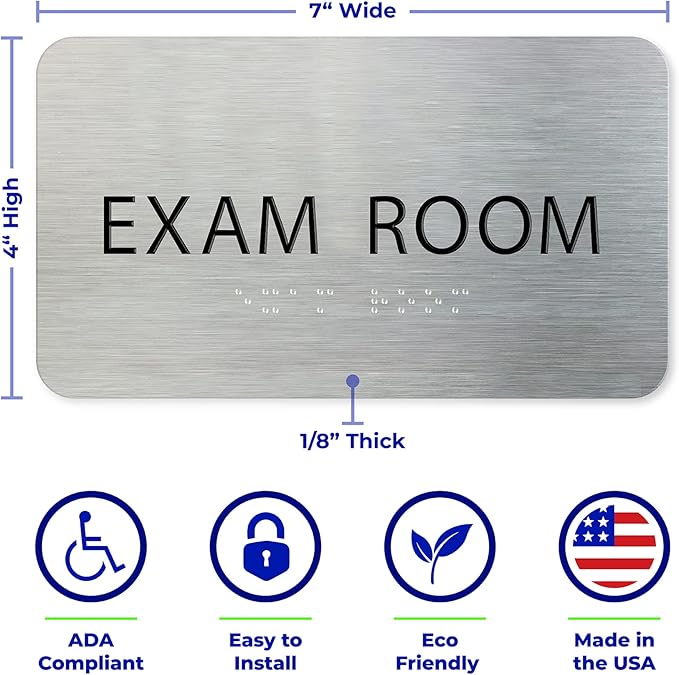Exam Room Sign for Business - Medical Office Signs, Aluminum Brushed Silver, Tamper-Proof, Heavy Duty Mounting Tape, Easy Install, Office Décor, ADA Compliant, Grade 2 Braille (7”W x 4”H) ADASigns.org