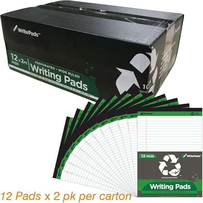 KAISA Legal Pads Writing Pads Recycled Paper Pads, 8.5"x11.75" Wide Ruled, 50 sheets/Pad 8-1/2"x 11-3/4" Large Perforated Writed Pad, White 24pads