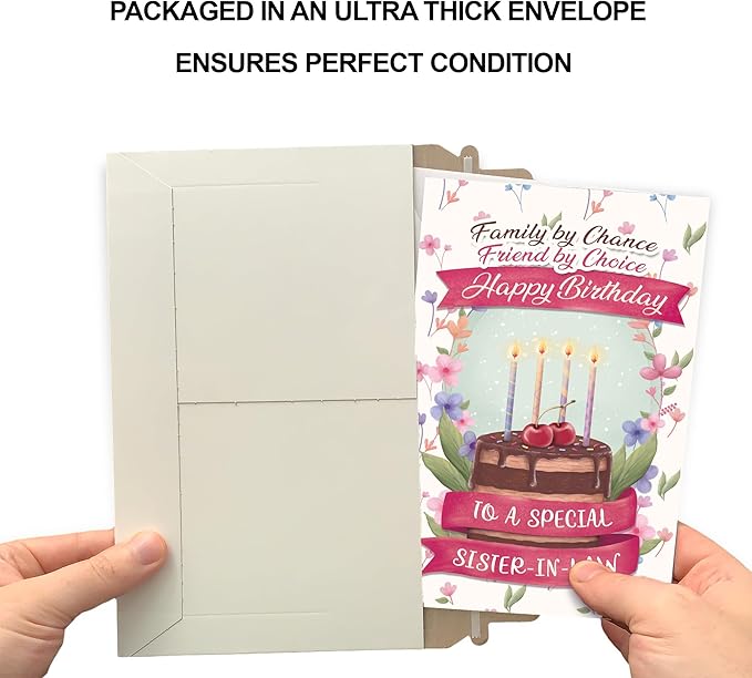 Prime Greetings Sister In Law Birthday Card, Made in America, Eco-Friendly, Thick Card Stock with Premium Envelope 5in x 7.75in, Packaged in Protective Mailer