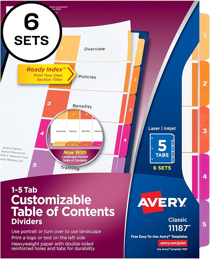 Avery 5 Tab Dividers for 3 Ring Binders, Customizable Table of Contents, Multicolor Tabs, 6 Sets (11187)