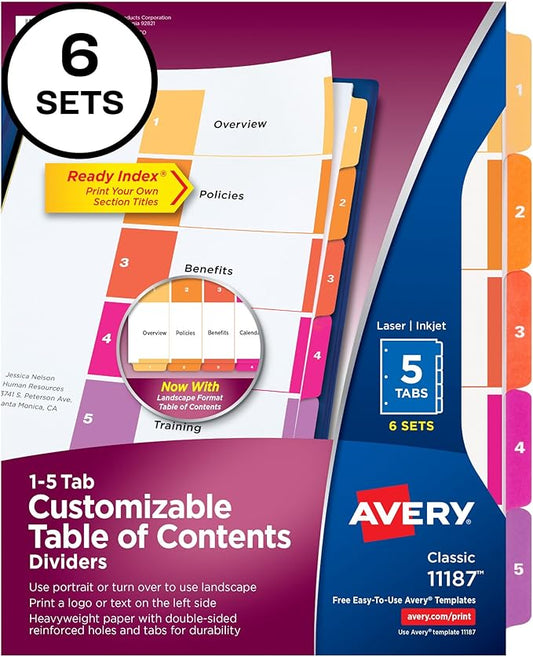 Avery 5 Tab Dividers for 3 Ring Binders, Customizable Table of Contents, Multicolor Tabs, 6 Sets (11187)