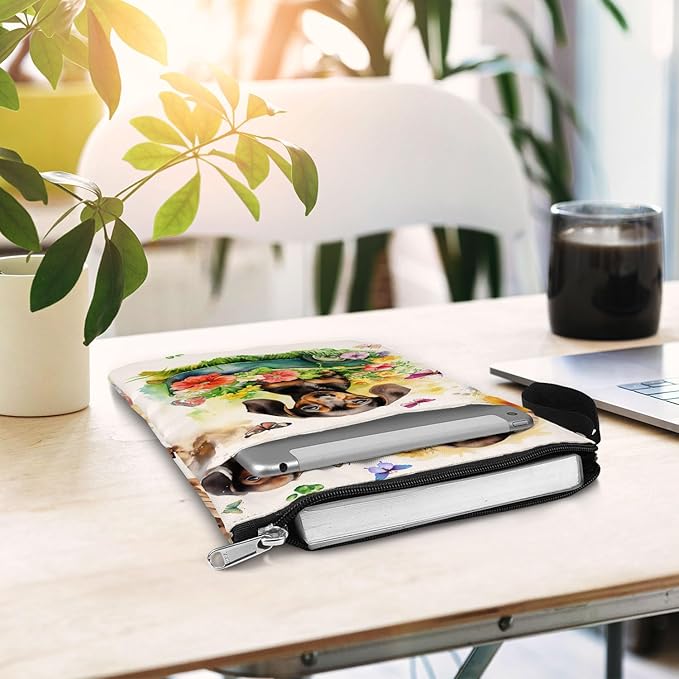 84hoods Book Cover Bag with Zipper and Front Pocket. Flower Garden. Washable Fabric Padded Protector Pouch for Paperbacks. Dachshund and Book Lovers Gift. 11 X 8.5 Inch.