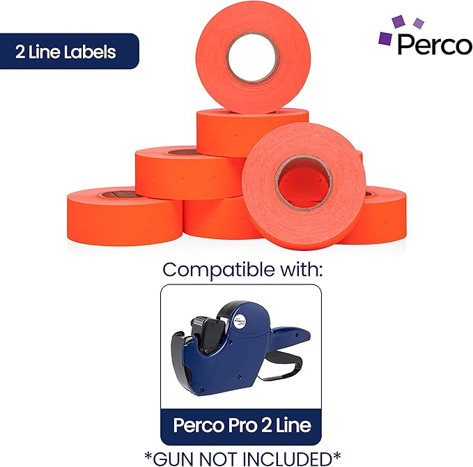 Perco 2 Line Fluorescent Red Labels - 32 Rolls, 4 Sleeves, 24,000 Blank Price and Date Gun Labels for Perco 2 Line Price and Date Guns - Made in USA