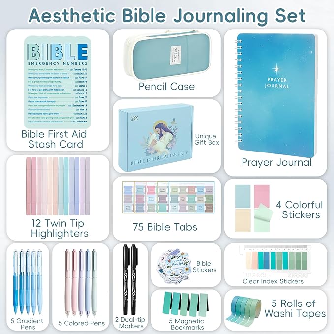 XKDOUS Bible Study Supplies Journaling Kit for Women, Bible Study Kit, Bible Study Tools with Prayer Journal Pencil Case Bible Accessories, Christian Gifts for Women, Blue