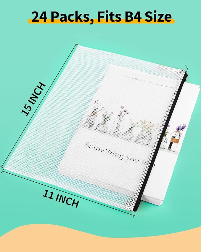 Smarpau B4 Mesh Zipper Pouch, 24 Pack 15" x 11" Zipper Pouches for Organizing, Multipurpose Waterproof Zipper Bags for Office Supplies, Black