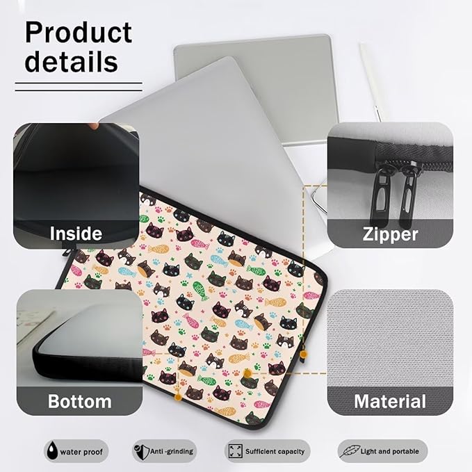 Cat Fish Printed Computer Carrying Cover, Large Capacity Laptop Case Bag Easy to Carry Computer Bag, 15 Inch Lightweight Laptop Briefcase Messenger Bag for Women