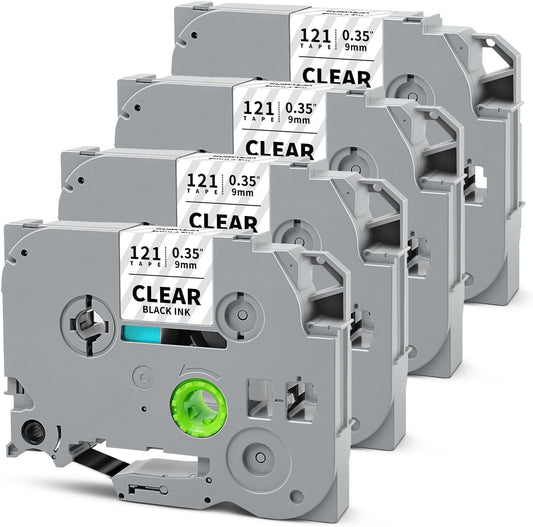 Tze121 9mm 0.35" Laminated Clear Tape Compatible for Brother 9mm Label Tape Tze-121 Tz-121 P Touch Tz Tze 9mm 3/8" Black on Clear Label for PTH110 PTD210 PT-D220 PTD400 PT-D610BT, 4-Pack