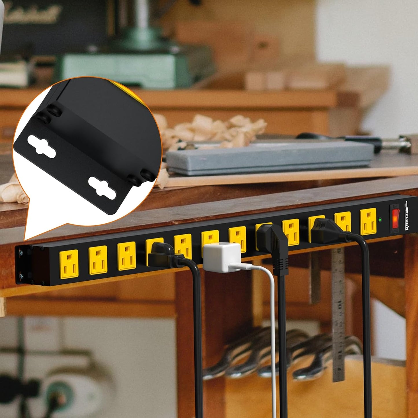 12 Outlet Long Power Strip, 3FT Power Cord, 2100 Joules Surge Protector, Wide Spaced Outlet Power Bar, Overload Protection Switch, Industrial Heavy Duty for Work Bench, Shop, Garage