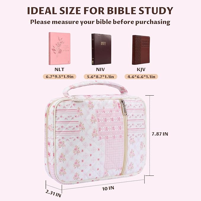 shirabags Quilted Bible Cover Case for Women - Elegant Cotton Bible Bag for Study, Church, Christian Gifts for Women (Pink Bow Patchwork, M)