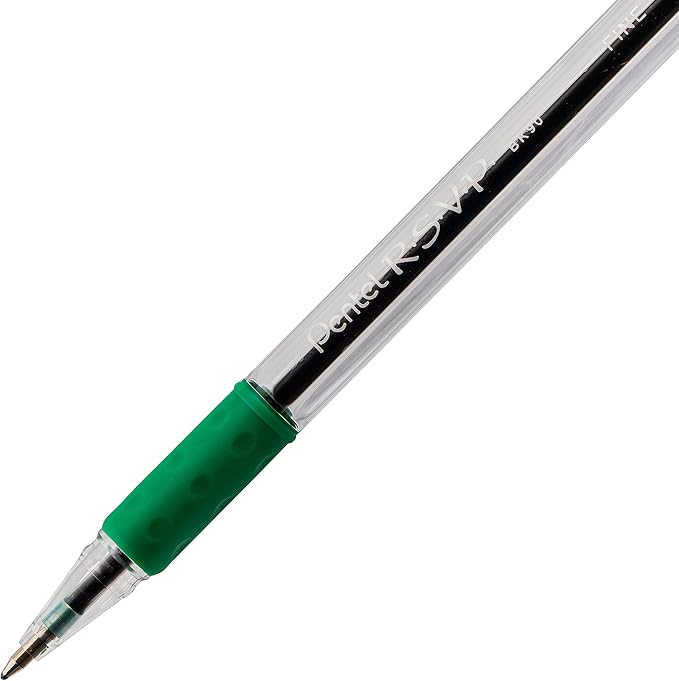 Pentel R.S.V.P. Ballpoint Pen, 0.7mm Fine Tip, Green Ink, Box of 12 (BK90-D)