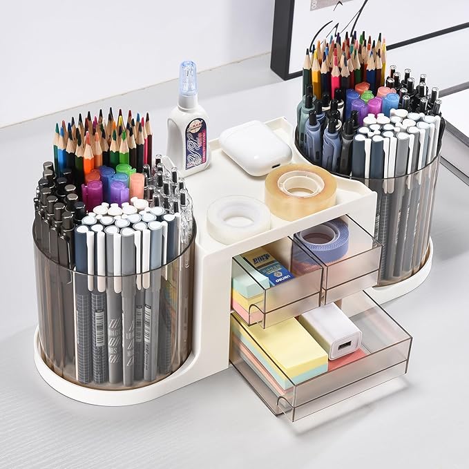 Rotating Desk Organizer with 2 Pen Holder, Desk Organizers and Accessories with 10 Slots Pencil Holder for Desk + 3 Drawer, Art Supply Storage Box Caddy for Office School Home (Light Grey)