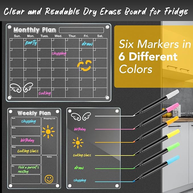 DIYMAG 3Pack Acrylic Magnetic Dry Erase Calendar for Fridge, Clear Acrylic Calendar Planning Board Set Magnetic Weekly Monthly Planner Memo Board for Refrigerator with 6 Highlight
