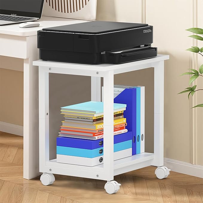 Under Desk Printer Stand, 2-Tier 19.5''x 16''x 22'' Rolling Printer Stand Storage Shelves for Printer, Scanner, Fax Machine, Files, Books with Anti-Skid Feet for Home, Office, White