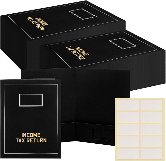 Kisston 50 Pcs Tax Return Folders Bulk 2 Pocket Gold Foil Stamped Income Tax Folders with Blank Labels Business File Office Organizer (Black)