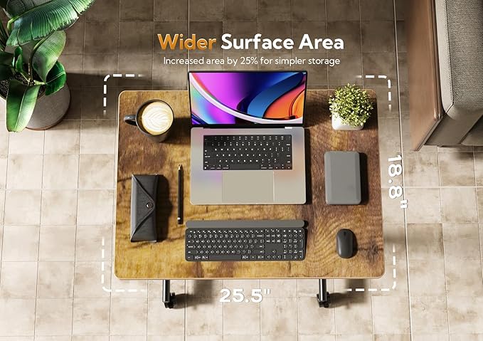 Mobile Standing Desk, Small Rolling Standing Desk, Mobile Desk Workstation with Wheels, Pneumatic Mobile Laptop Desk for Home Office with Hook, Rustic Brown