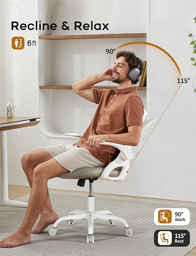 Mesh Office Chair Ergonomic Desk Chair with Up&Down Front&Rear 2 Dimensions Adjustable Lumbar Support and Flip-up Arm Rocking Comfy Swivel Computer Task Chair for Home Office(White-Gray)