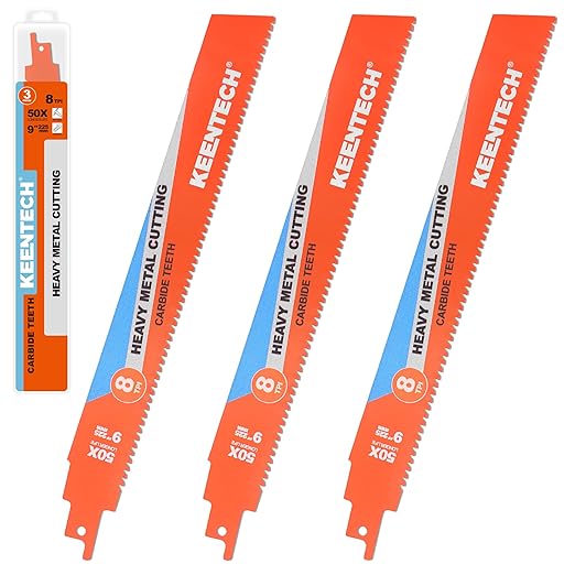 KEENTECH Carbide Sawzall Blades for Hard & Heavy Metal Cutting, 9 Inch 8 TPI, Heavy Duty Reciprocating Saw Blade with High Cutting Speed For Thick Metal, Cast Iron, Alloy Bolt, Stainless Steel, 3 Pack