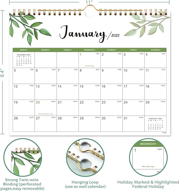 2025 Calendar - 2025 Wall Calendar, Jan. 2025 - Dec. 2025, 11" x 8.5", Small 12 Monthly Calendar 2025 with Thick Paper and Julian Date