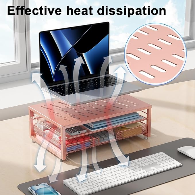 gianotter Computer Monitor Stand Riser, office organizer with Drawer, Office Organizers Storage for Classroom Office Supplies (Rose)