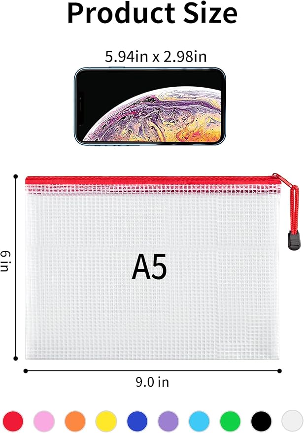 JARLINK 30 Pack 10 Colors Zipper Mesh Document Pouch, 6x9 Inch/A5, Plastic Water-Resistant File Bags, for School Office Supplies, Cosmetics Travel Storage, Assorted Color