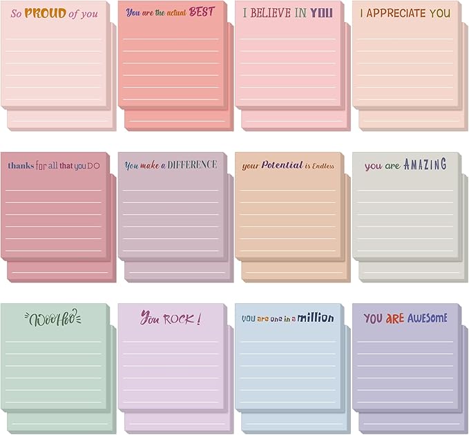 Yinder 24 Pcs Inspirational Sticky Notes with Lines Cute Motivational Sticky Notes Pad Employee Appreciation Gifts Bulk for Teacher Nurse Coworkers Office Supplies 3 x 3''(Aesthetics,Appreciation)